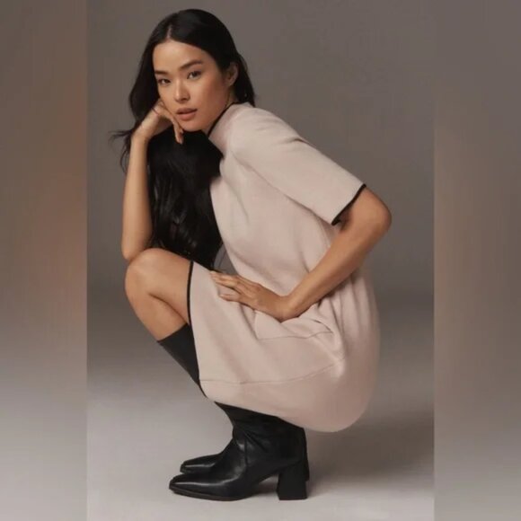 Anthropologie Annalise Mock-Neck Mini Sweater Dress by Maeve Creme/Black Medium - Picture 2 of 14